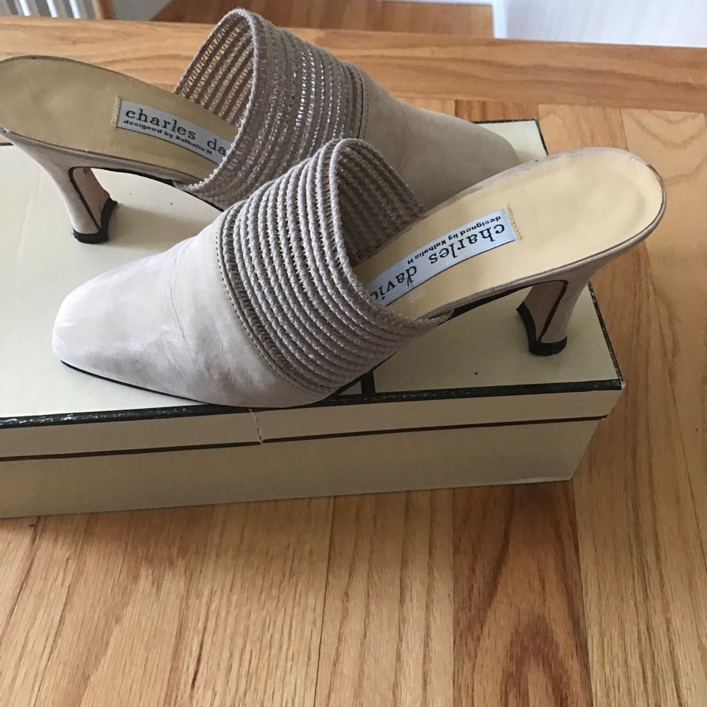 Vintage 90s Charles David by Nathalie M Tan Suede Square Toe Mules Made in Spain